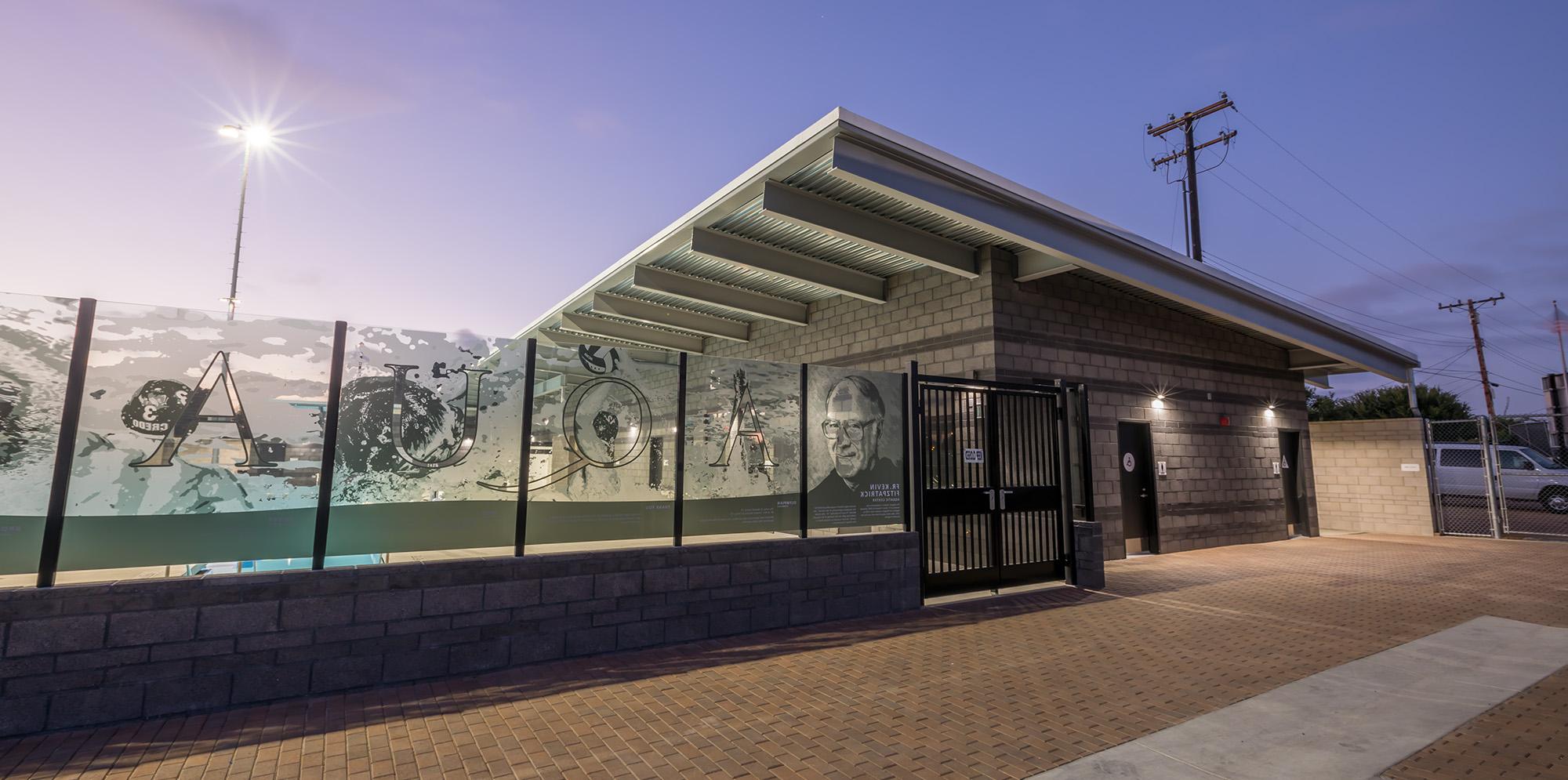 Glass mural outside Servite High School in Anaheim